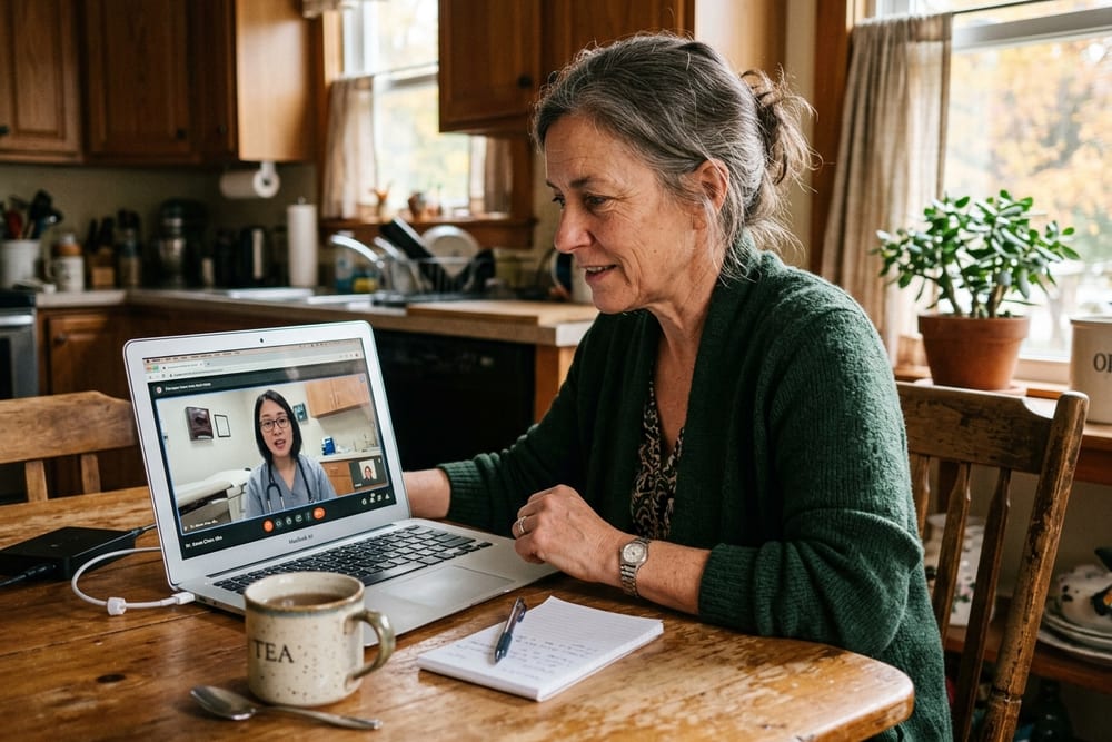 Woman age 52 in deep forest green cardigan on telehealth video call with female clinician visible on laptop screen, kitchen table, attentive listening expression