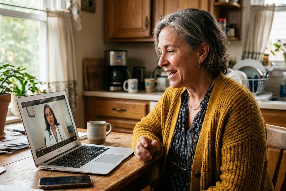 Woman age 52 in deep mustard yellow cardigan on a telehealth call with a clinician on her laptop, mid-conversation expression, soft afternoon kitchen light