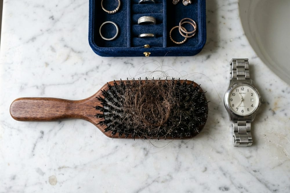 Overhead close-up of a hairbrush on marble bathroom counter with a visible cluster of brown hair caught in the bristles, watch and jewelry box in soft focus