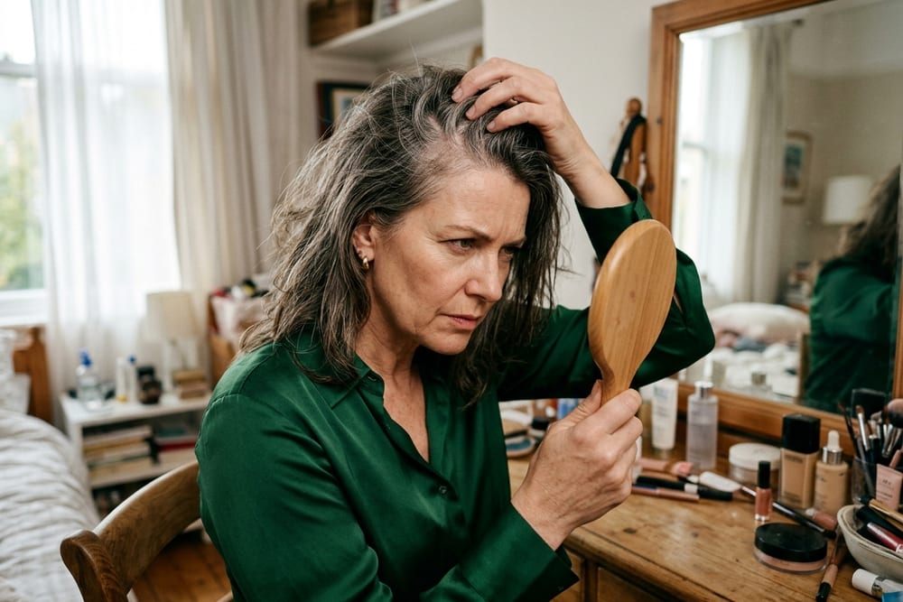 Woman age 51 in saturated forest green silk blouse examining her scalp in a hand mirror at her vanity, hair parted to show widening, focused inspection expression