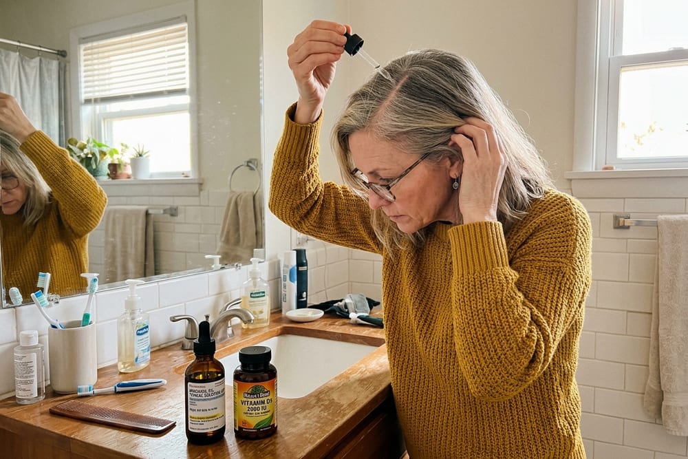 Woman age 50 in deep mustard yellow sweater at bathroom counter applying minoxidil with a dropper to her scalp parting, prescription bottle and vitamin D bottle visible on counter