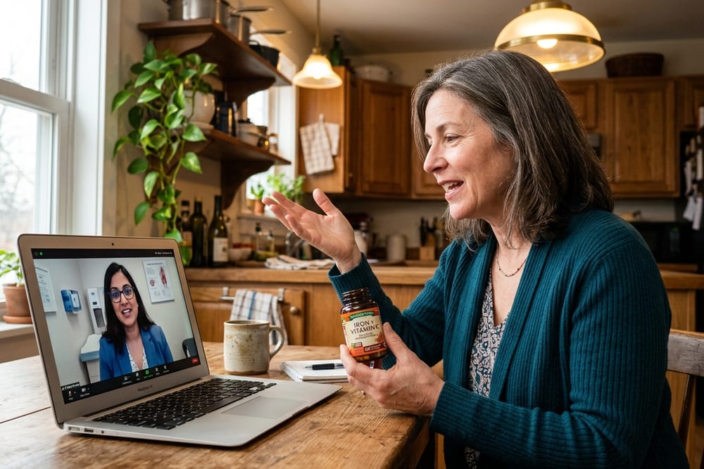 Woman age 52 in deep teal cardigan on a video call with a clinician visible on her laptop, holding a small bottle labeled 'Iron + Vitamin C', mid-conversation hand gesture, warm pendant kitchen light