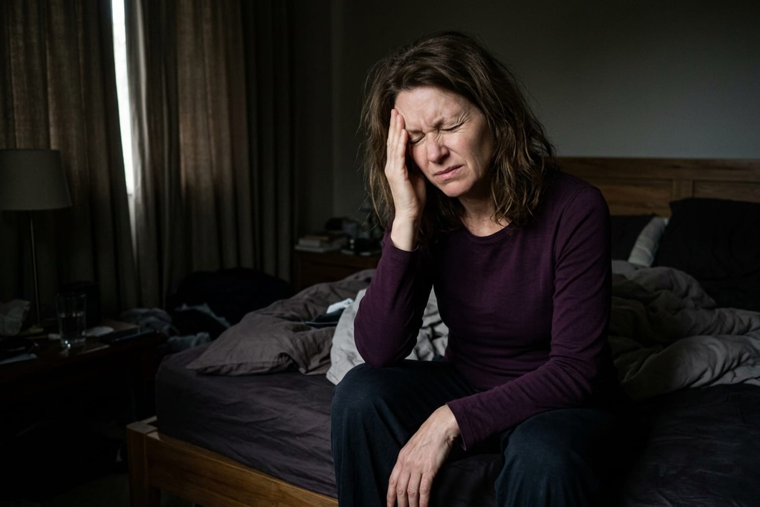 Woman age 49 in deep aubergine purple shirt sitting at the edge of her bed at dawn pressing one hand to her temple with eyes squeezed slightly closed in moderate migraine pain