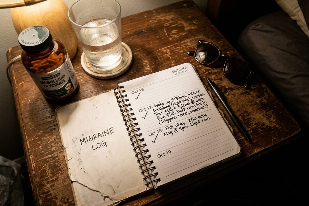 Overhead view of a nightstand with a glass of water a magnesium glycinate bottle a printed migraine diary with date marks and small dark sunglasses in soft warm lamp light