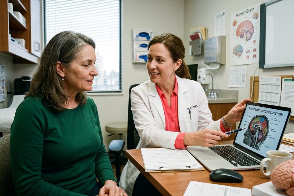 Woman age 51 in deep emerald green long-sleeve top in conversation with a female neurologist in saturated coral pink blouse and white coat at a clinical desk with brain diagram on a screen behind them