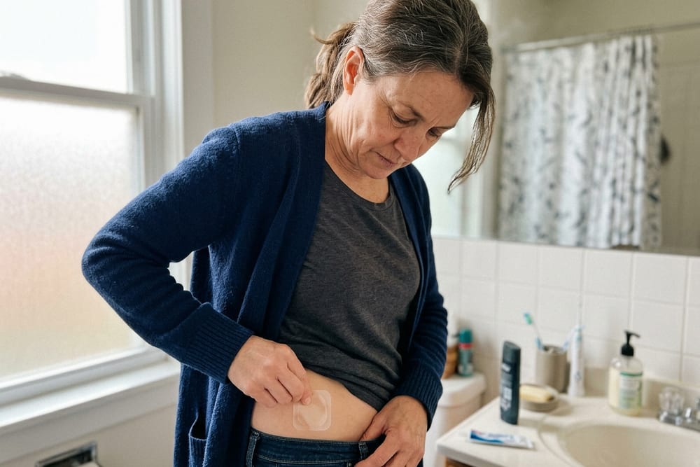 Woman age 50 in deep navy blue cardigan applying a transdermal estrogen patch to her hip with a focused careful expression in soft bathroom morning light
