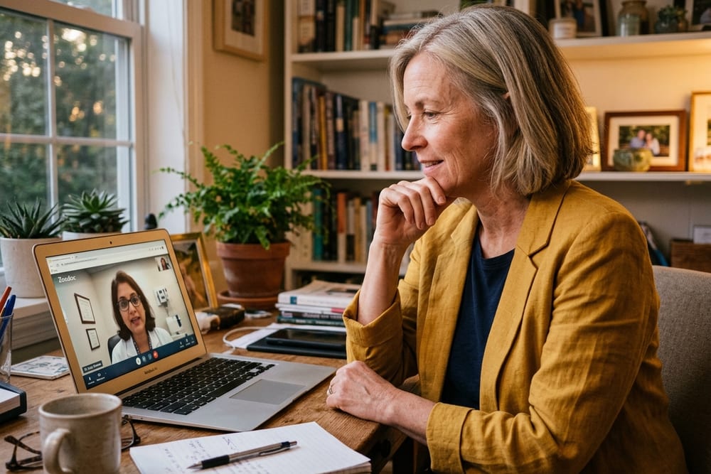 Woman age 52 in mustard yellow blazer on a video telehealth call with a clinician visible on the laptop screen with an attentive listening expression