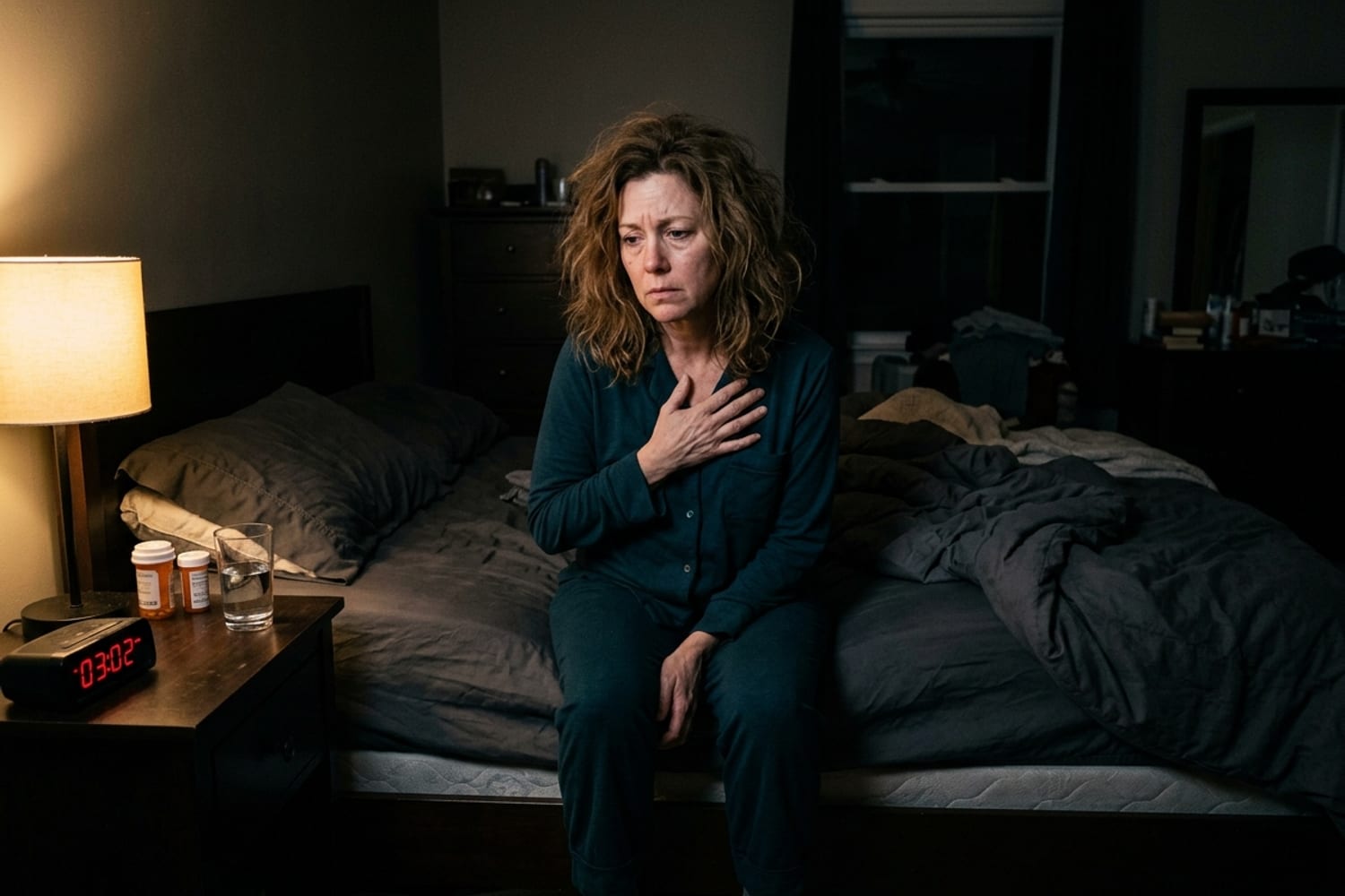 Woman age 49 in deep teal pajamas sitting on the edge of her bed at 3am with a hand pressed against her chest, dim warm bedside lamp