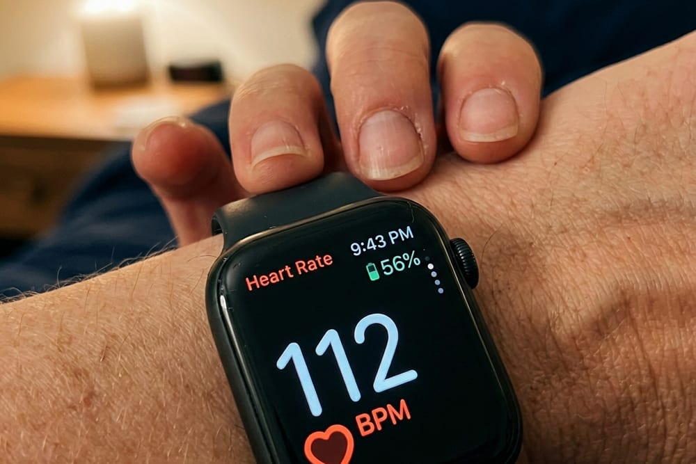 Extreme close-up of woman's hand on a smartwatch showing elevated heart rate, soft warm bedside light, real skin