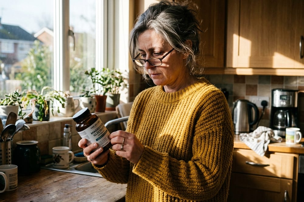 Woman age 50 in deep mustard yellow sweater holding a bottle of magnesium glycinate, kitchen morning light