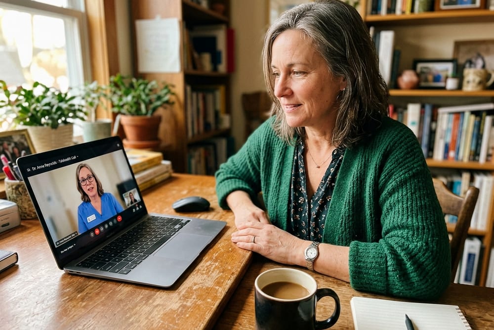 Woman age 52 in deep emerald green cardigan on telehealth call with clinician, attentive expression
