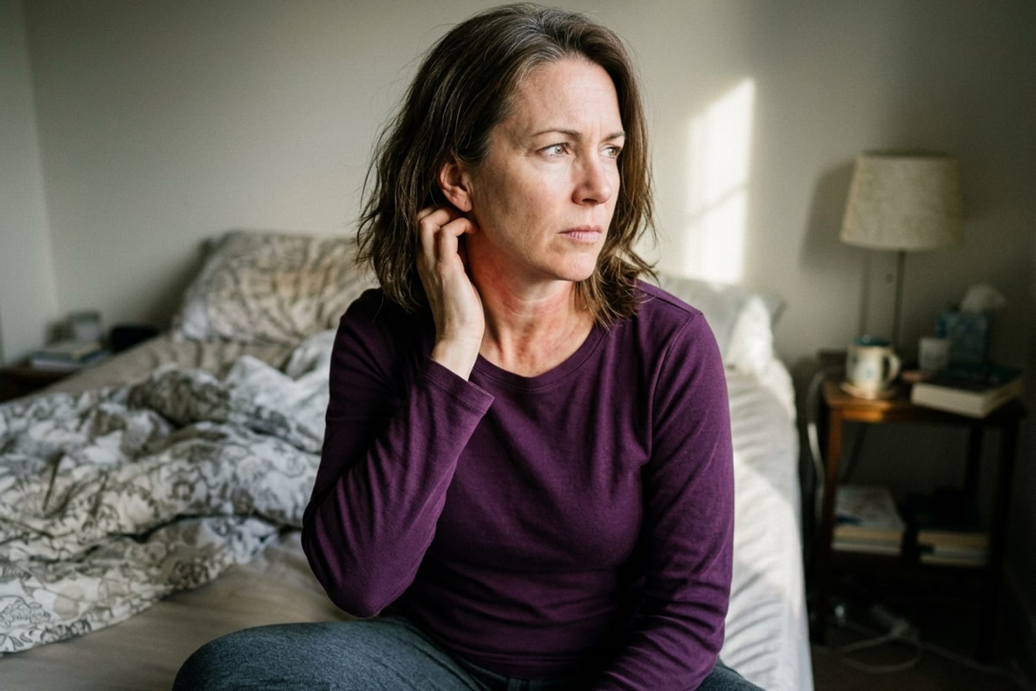 Woman age 47 in soft sage green pajamas sitting at the edge of her bed at night, scratching her forearm with a frustrated tired expression, dim bedside lamp