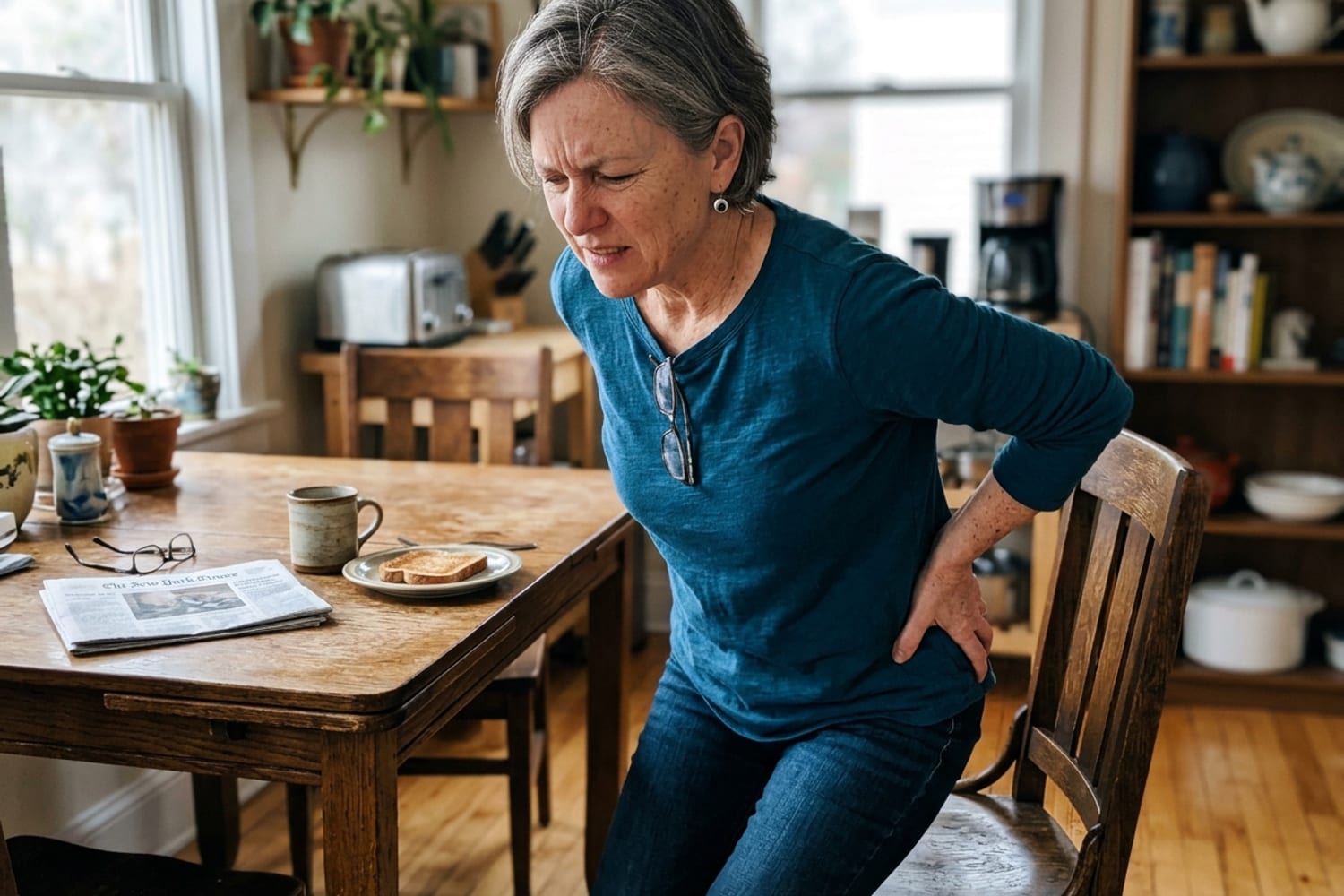 Woman age 51 in deep teal blue cotton long-sleeve shirt with hands on her hip wincing slightly while getting out of a chair in soft morning light