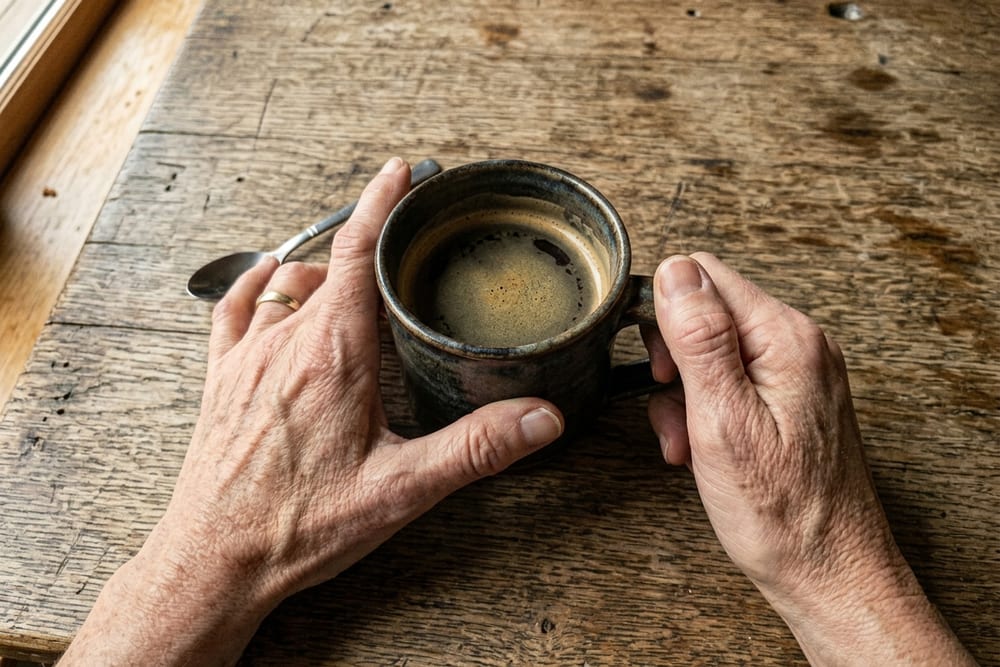 Overhead extreme close-up of a woman age 50 hands with subtle knuckle stiffness holding a coffee mug on a weathered wooden table in directional warm window light