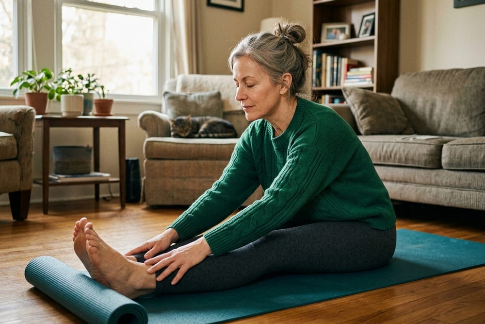 Woman age 53 in deep emerald green knit sweater stretching on a yoga mat in her living room with peaceful focused expression in warm afternoon light
