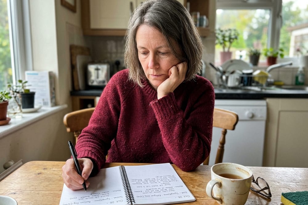 Woman age 47 in deep navy blouse on a telehealth call holding a paper notebook with a tracked nausea calendar showing a clear cyclical pattern, female clinician on screen