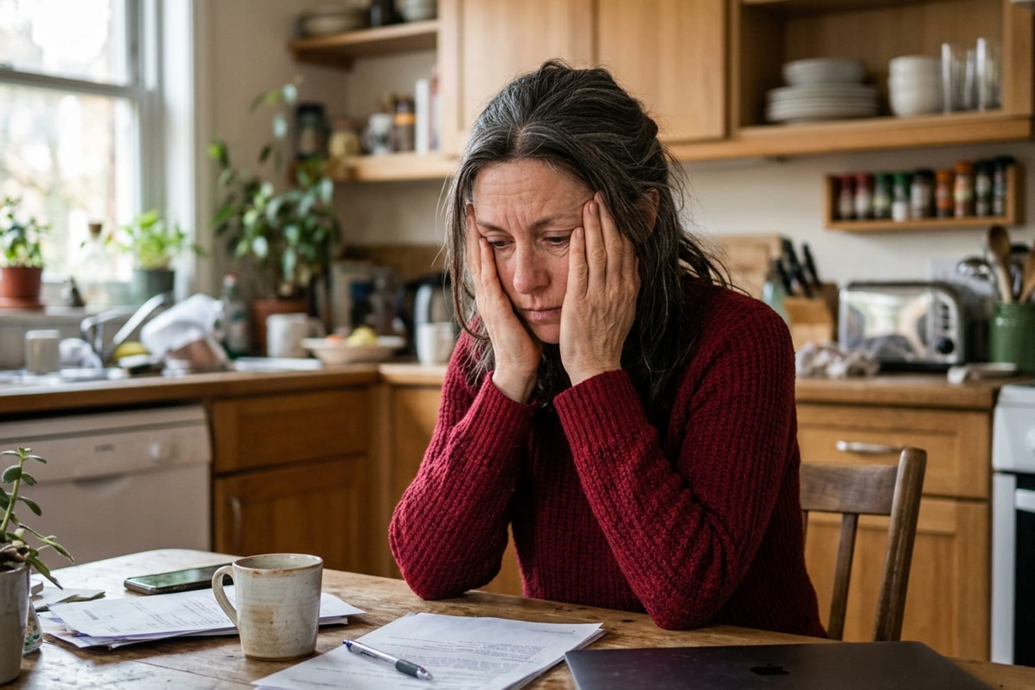 Woman age 47 in dusty rose top sitting on her kitchen floor against the cabinets, head in her hands, mid-cry after an outburst, soft late-afternoon kitchen light