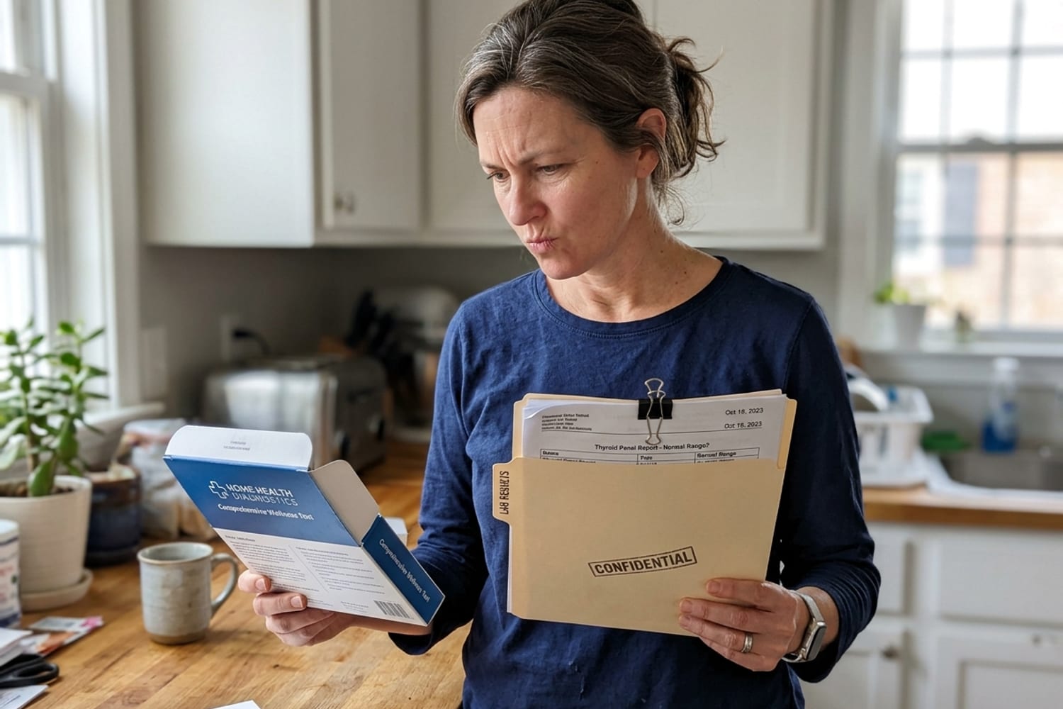 Woman age 47 in deep navy blue blouse holding an at-home perimenopause test kit box and a folder of lab results, comparing them at her kitchen counter with a skeptical inquisitive expression