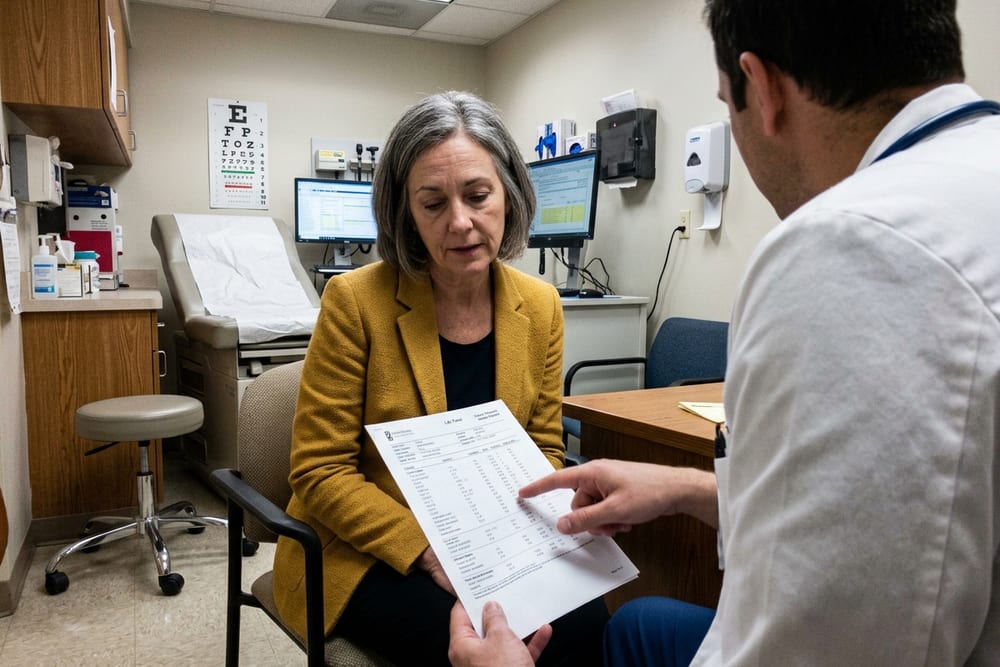 Woman age 50 in mustard yellow blazer sitting in a doctor's office reviewing a printed lab panel with a clinician visible from behind
