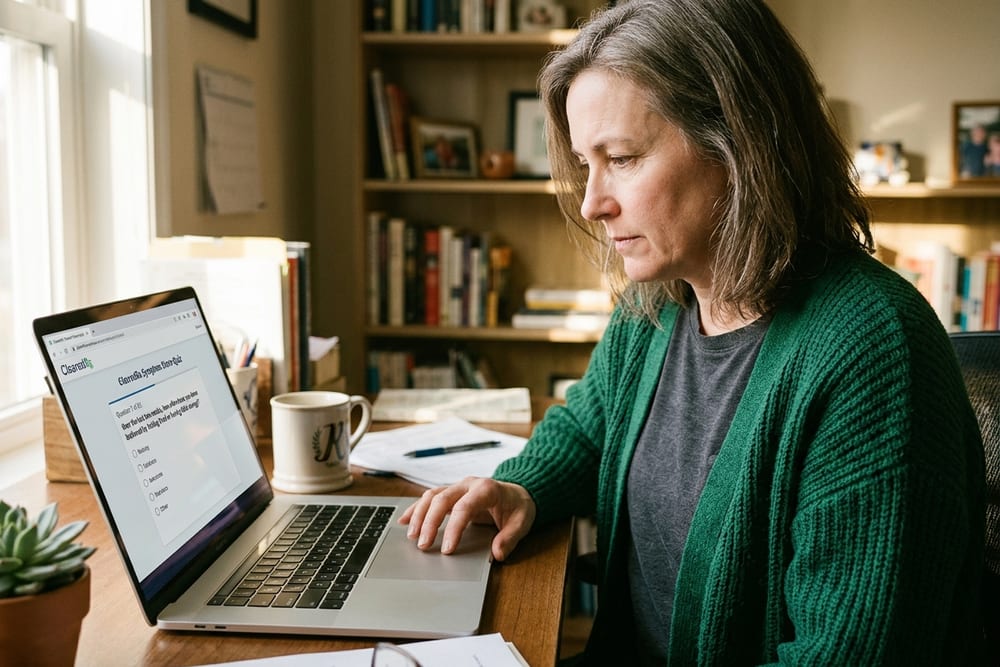 Woman age 51 in deep emerald green cardigan taking the ClearedRx symptom score quiz on her laptop at her desk with a focused expression in warm afternoon light