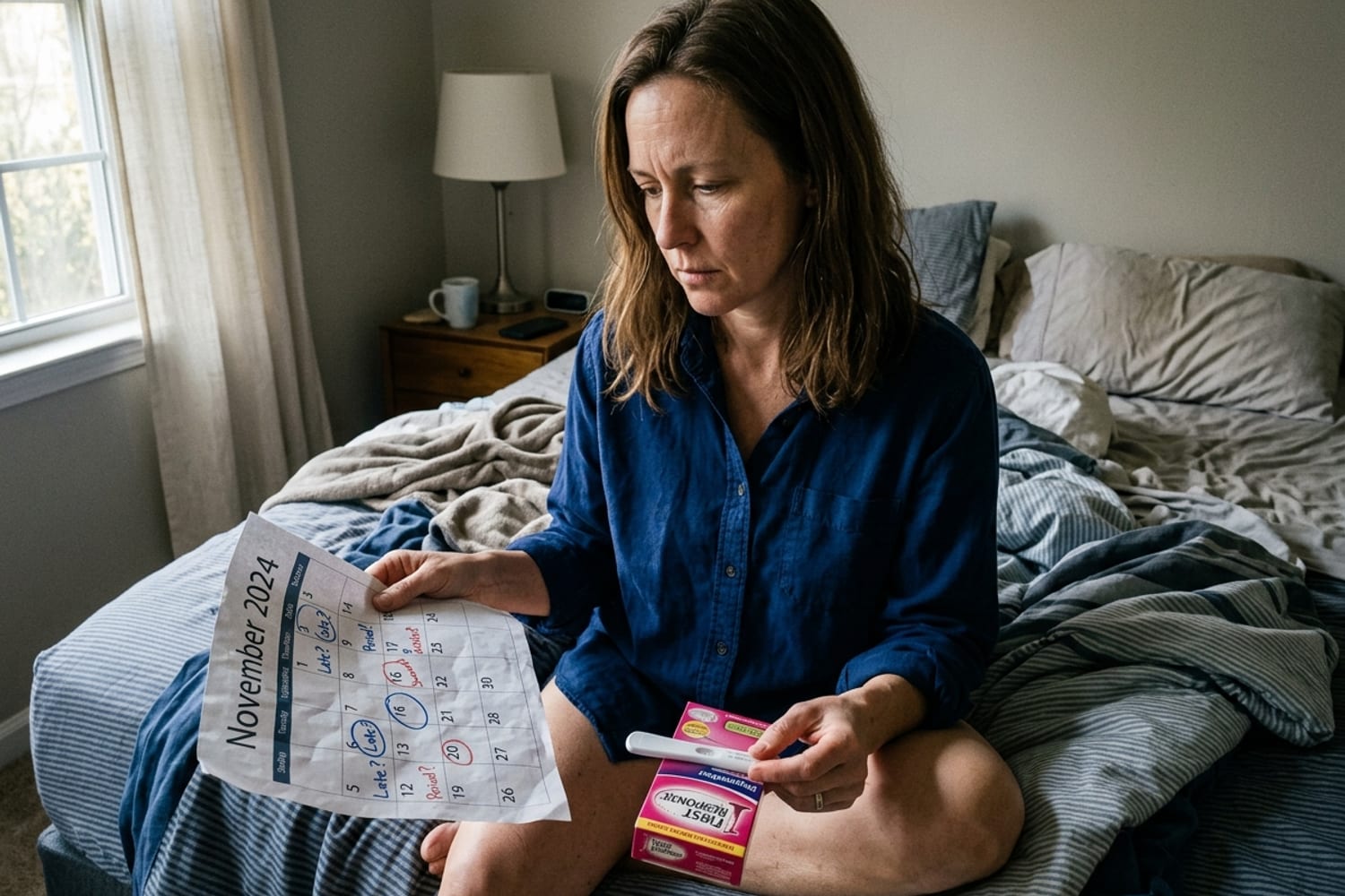 Woman age 44 in deep cobalt blue button-up shirt sitting on her bed holding a pregnancy test box and a calendar, contemplative expression in soft morning light