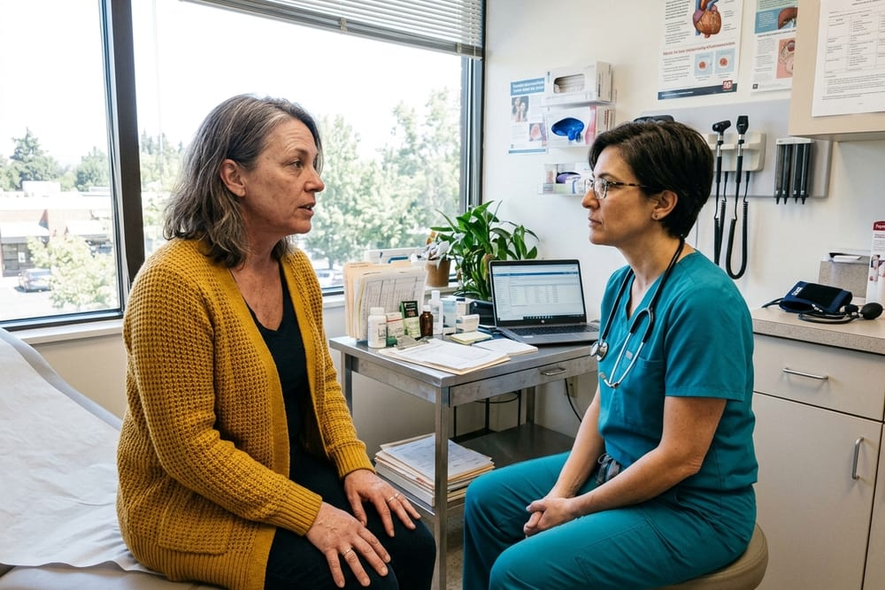 Woman age 47 in saturated mustard yellow cardigan having a conversation with a female doctor in saturated teal scrubs in an exam room with daylight