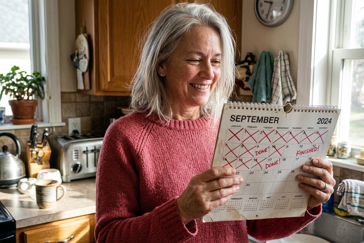 Woman age 51 in soft cream sweater standing in a sunlit kitchen looking calmly at a wall calendar, faint smile, late-perimenopause peaceful expression