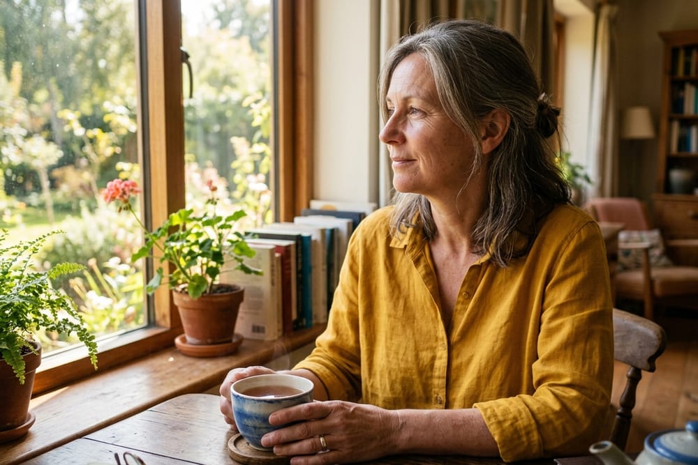 Woman age 53 in deep navy blue blouse on a telehealth call with a female clinician on her laptop, mid-conversation engaged expression, soft afternoon light through her home office window