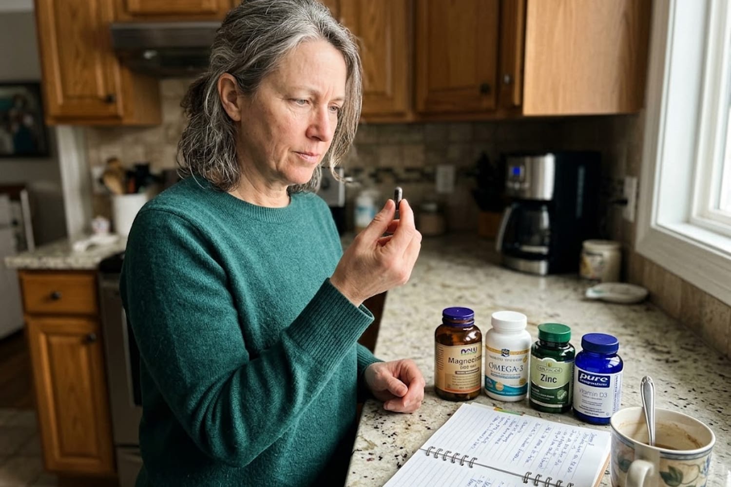 Woman in her early 50s at a kitchen counter inspecting a single supplement capsule with four bottles, an open journal, and a half-empty mug beside her in directional morning light