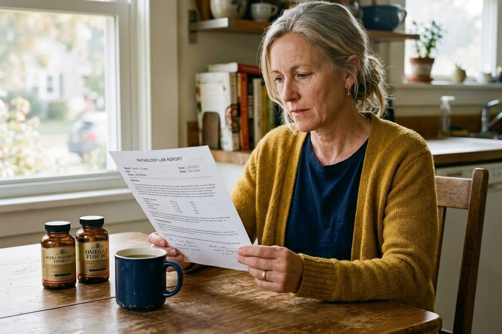 Woman in a mustard yellow knit cardigan at her kitchen table reading a printed lab result with two amber supplement bottles and a dark navy mug nearby