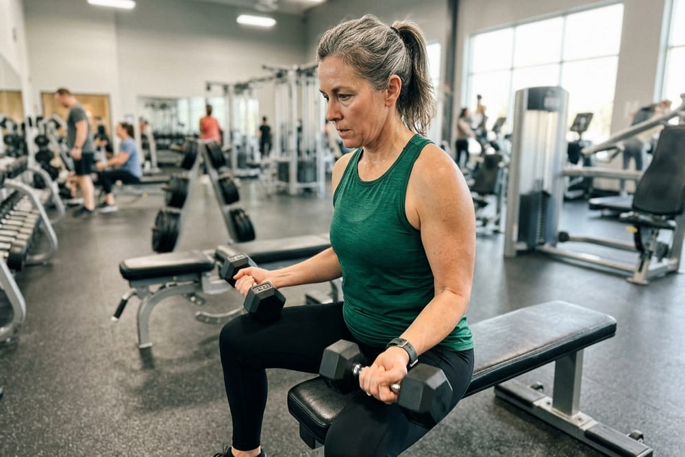 Woman age 50 in deep emerald green workout top doing strength training in a gym with focused expression in morning light