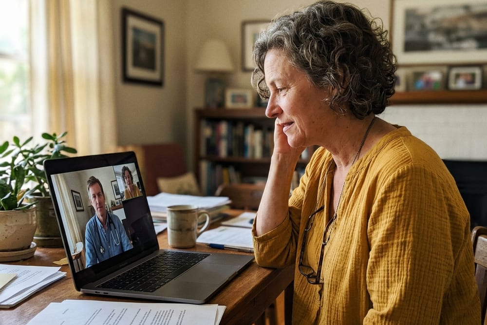 Woman age 52 in mustard yellow blouse on a telehealth call with a clinician with attentive expression