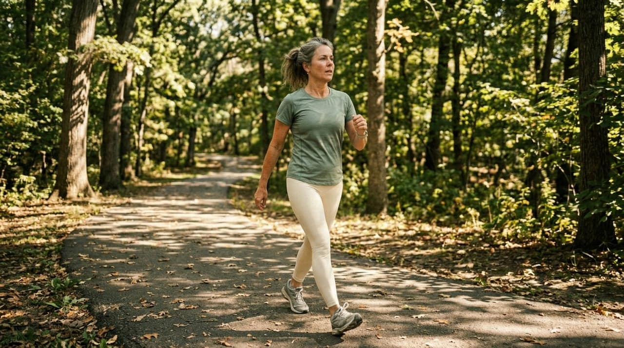 Active midlife woman in athletic wear stretching outdoors — calm, capable