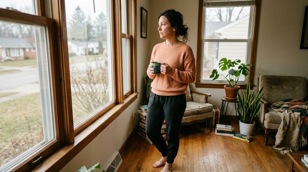 Younger midlife woman in calm, reflective setting representing surgical menopause and POI
