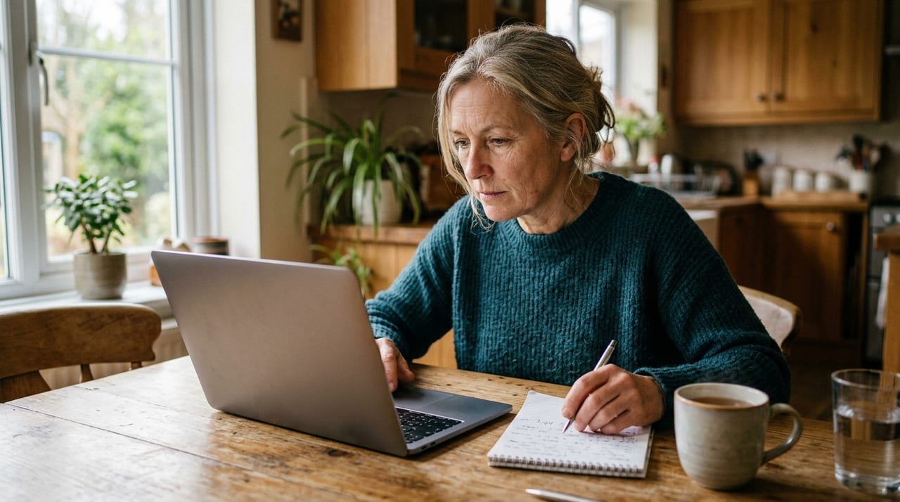 A woman comparing two telehealth menopause options at her kitchen table