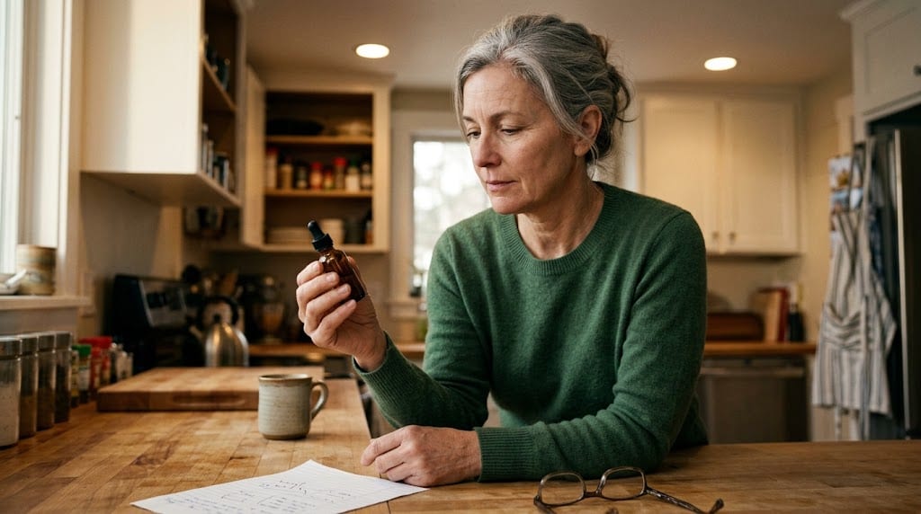 A woman comparing ClearedRx and Winona menopause options at her kitchen table