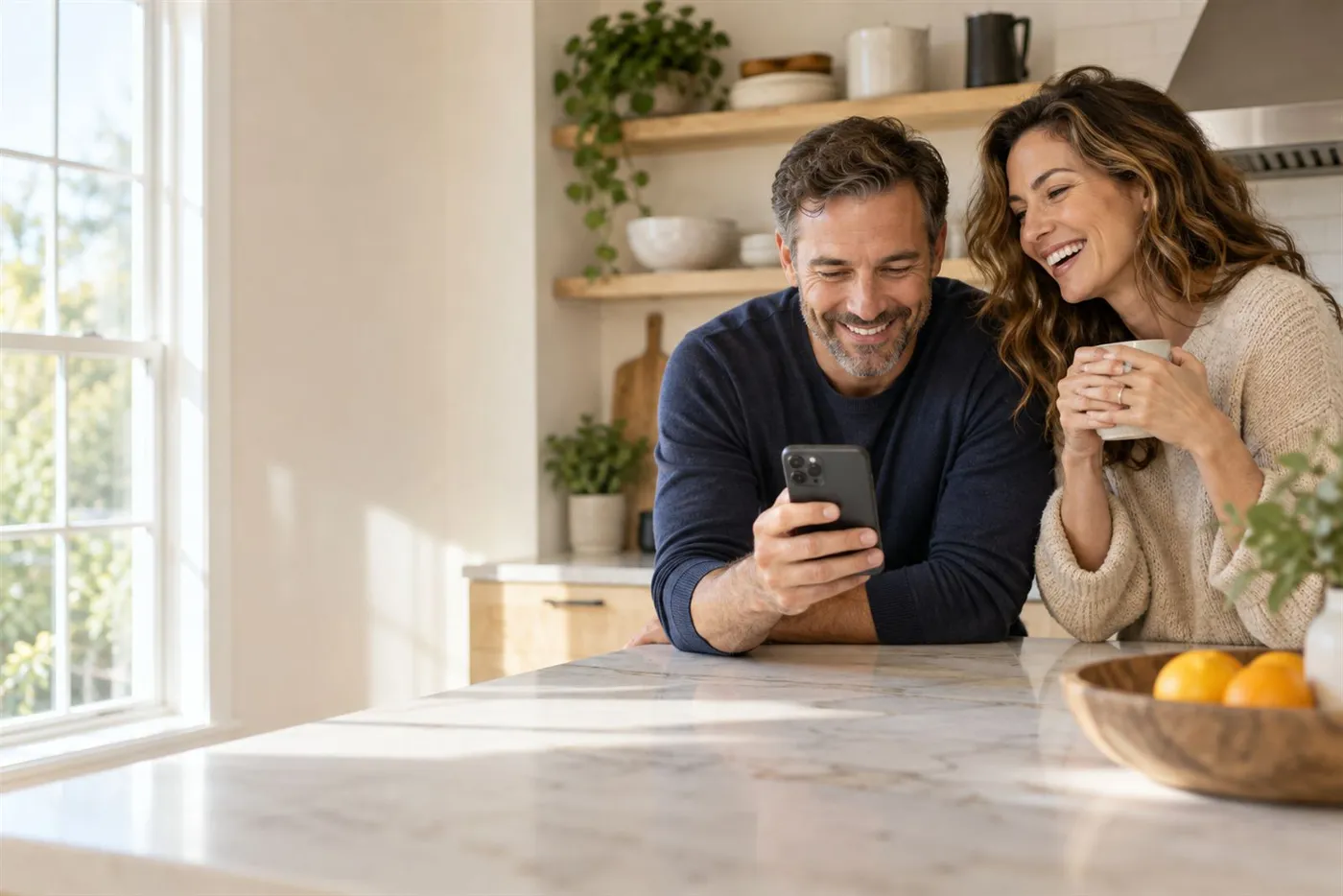 A couple smiling at a phone together in a sunlit kitchen