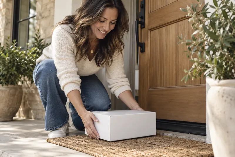 A woman picking up a plain, unbranded box at her front door