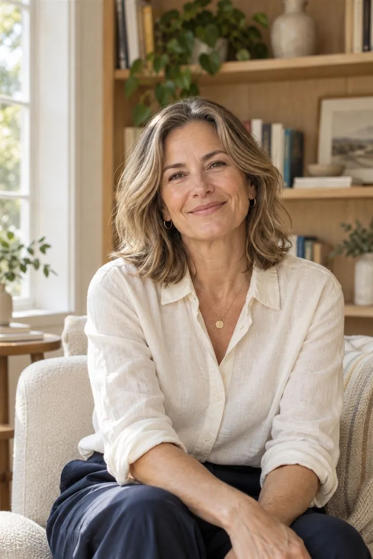 A smiling woman in her fifties at home