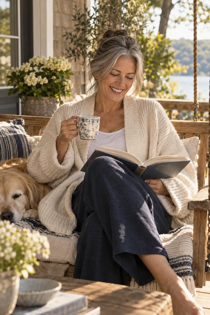 A woman in her fifties laughing while reading on a sunny porch swing