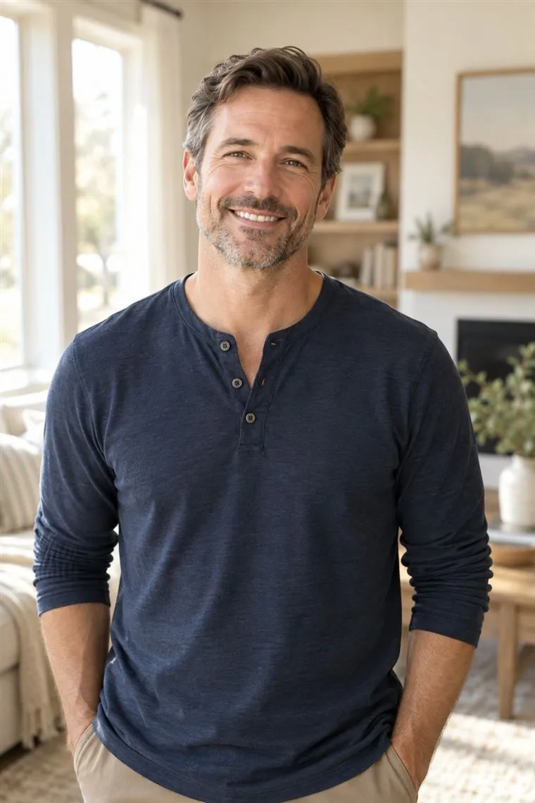 A smiling man in his forties at home