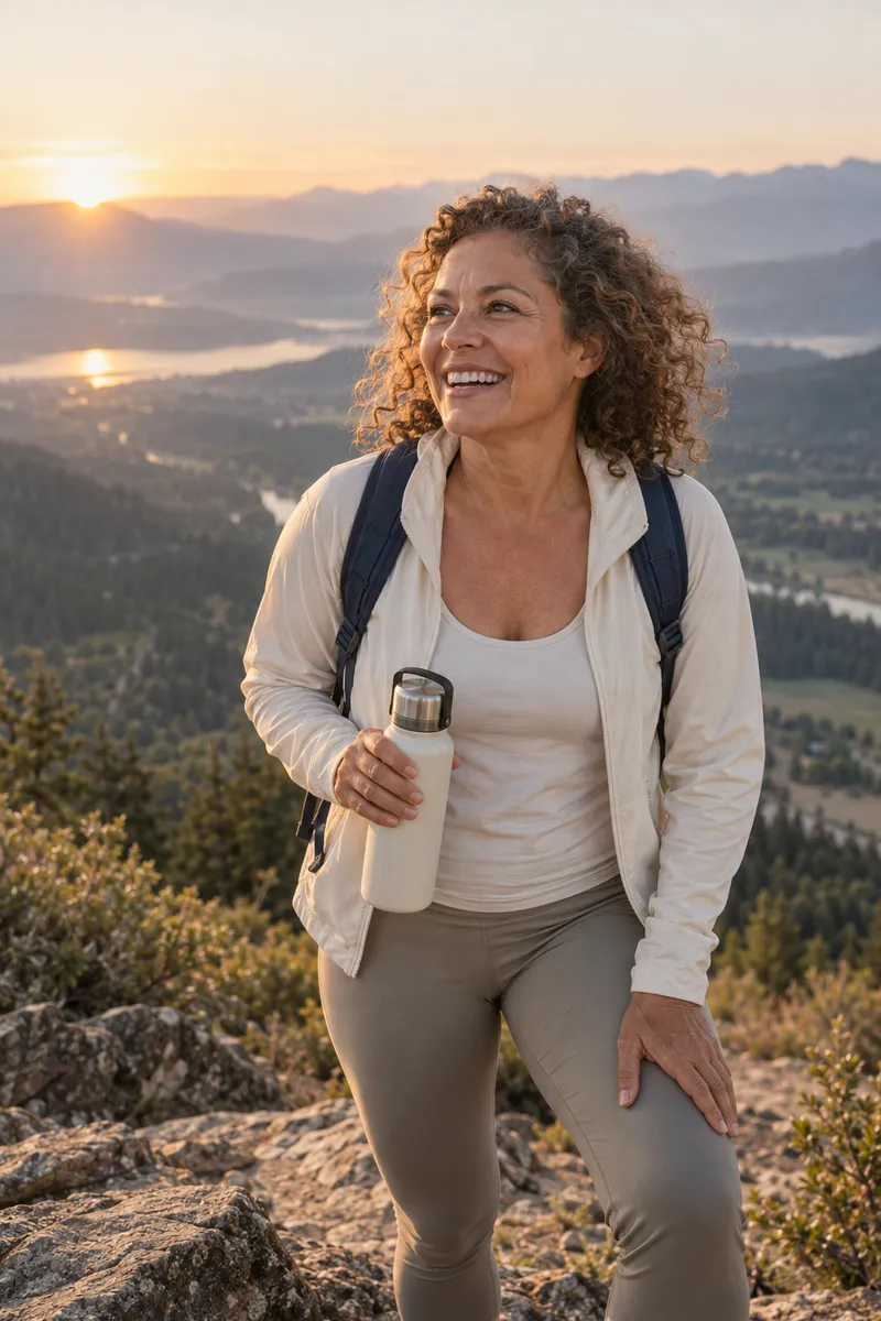 A woman in her fifties smiling at the top of a sunrise hike