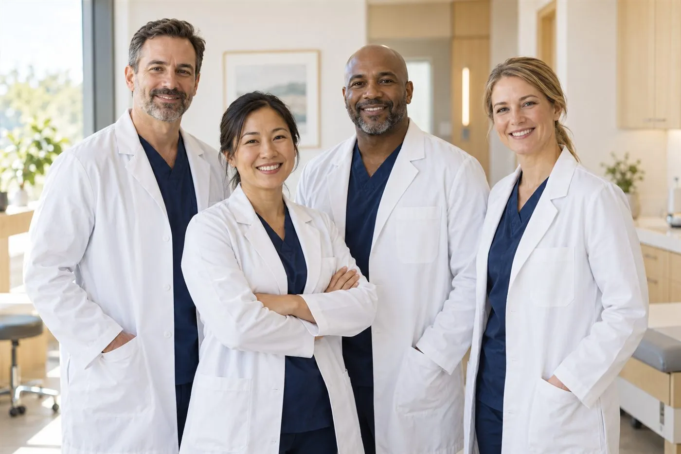 A team of physicians in white coats in a bright clinic