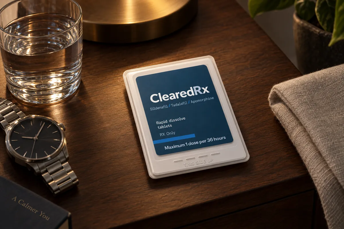 ClearedRx rapid-dissolve ED tablet pack on a walnut nightstand