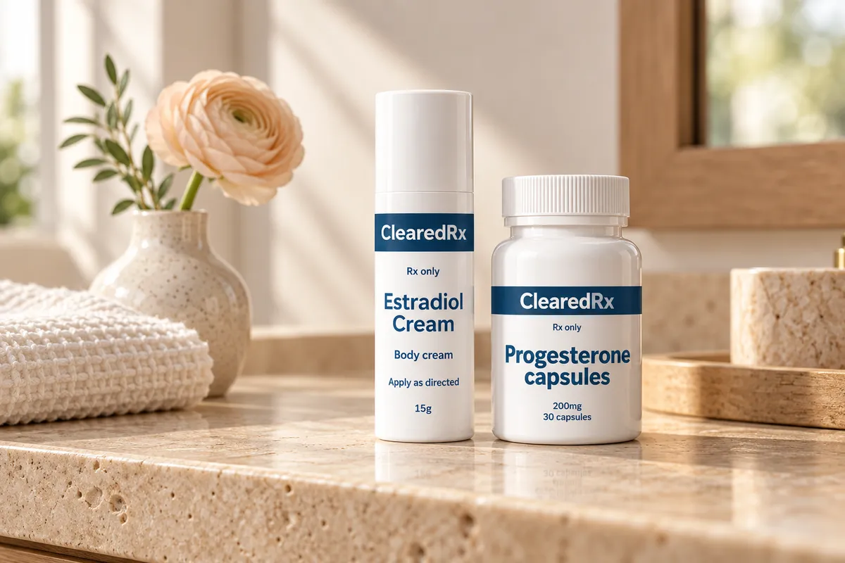 ClearedRx estradiol cream and progesterone capsules on a bathroom vanity