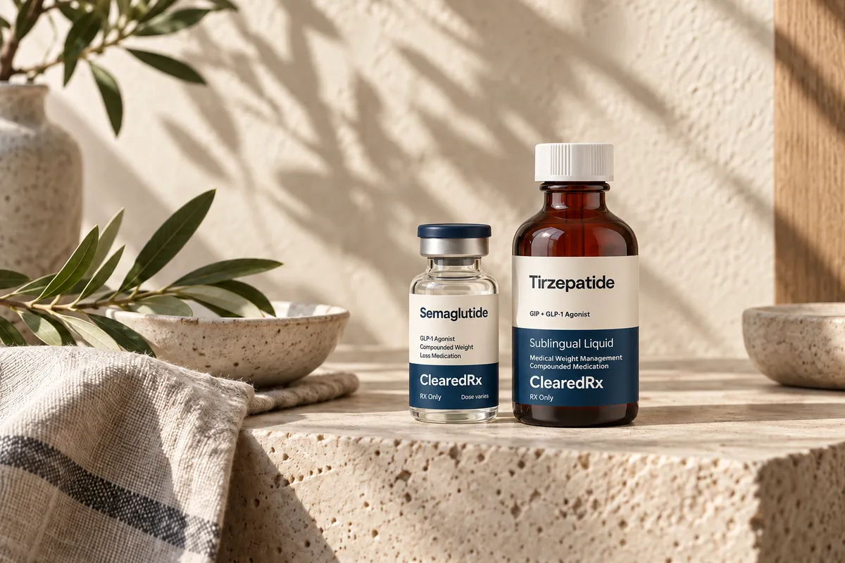 ClearedRx semaglutide vial and tirzepatide sublingual bottle on a travertine shelf