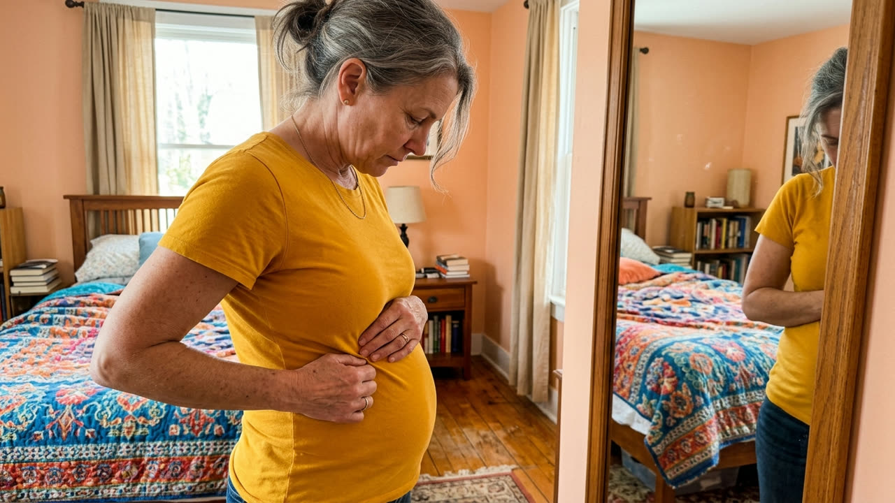 A 50-something woman looking at her menopause belly in the mirror — same body, different shape