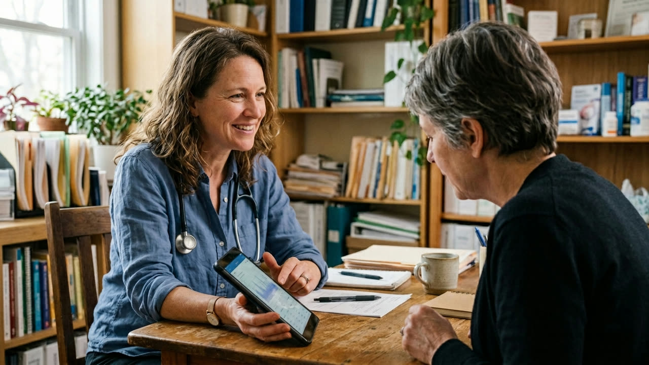 A menopause-trained physician walking a patient through her HRT options